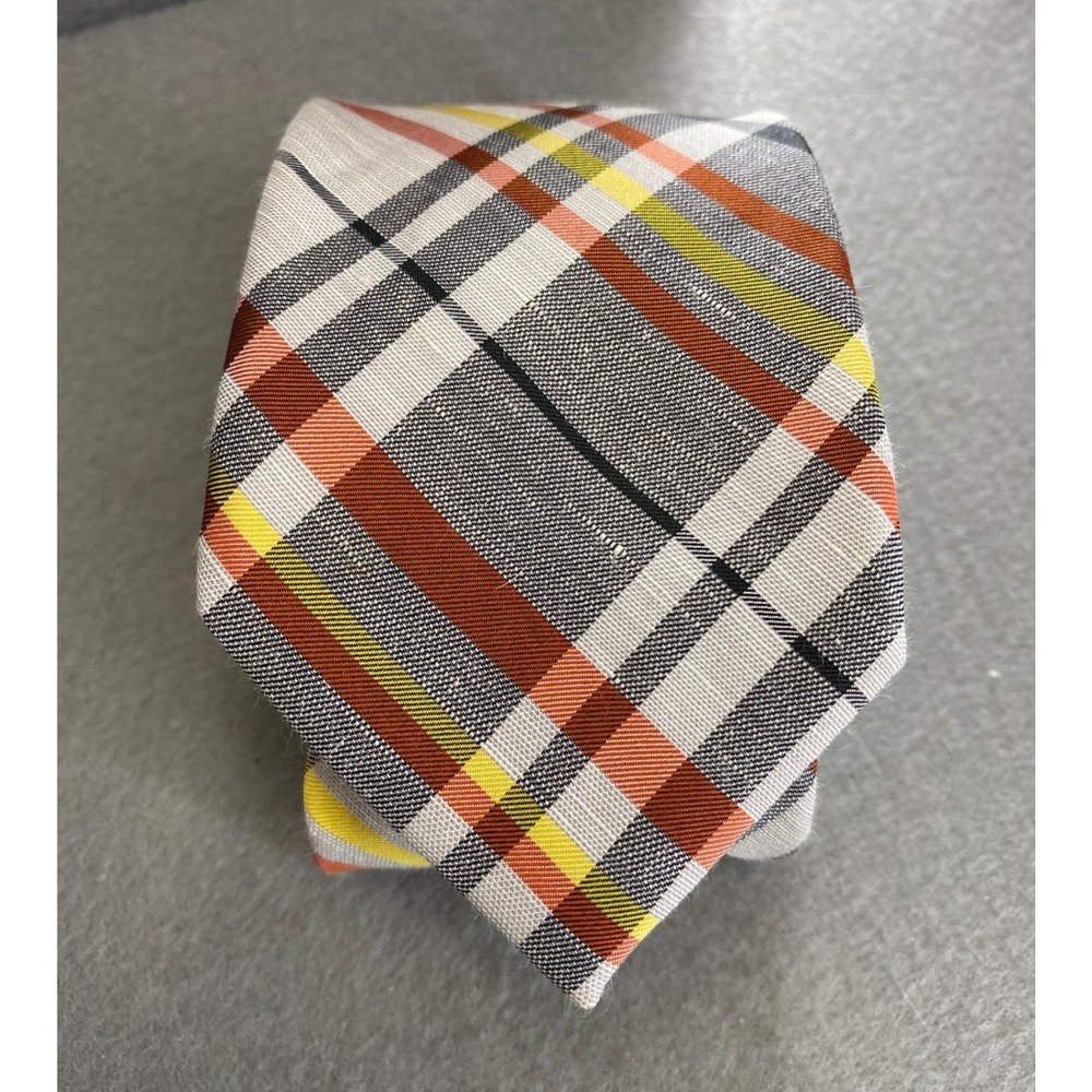 Ben Sherman Mens Slim Plaid Necktie Orange Yellow Black Grey White Tartan Tie